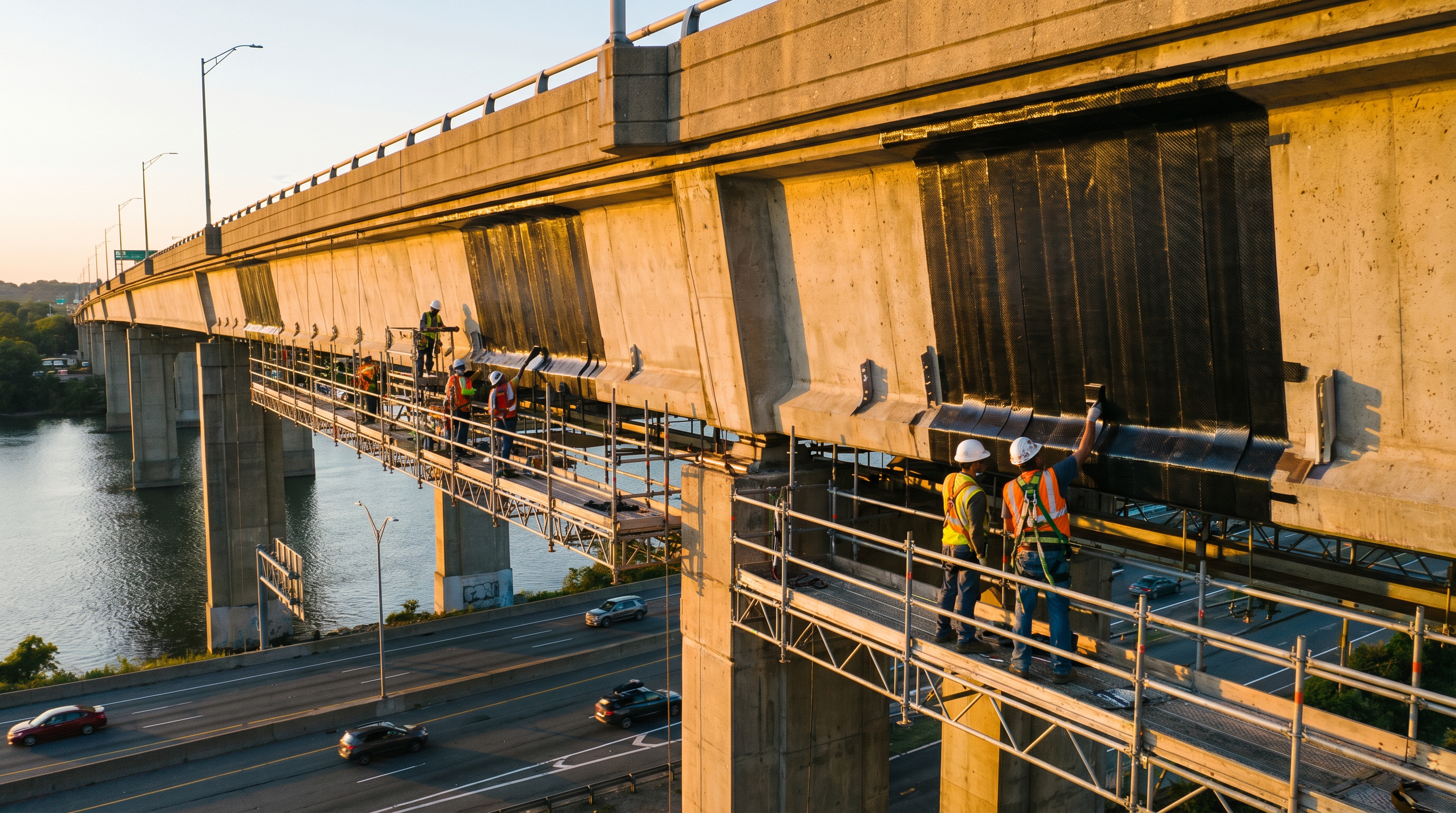 Bridge underside reinforced with CFRP strips on concrete beams