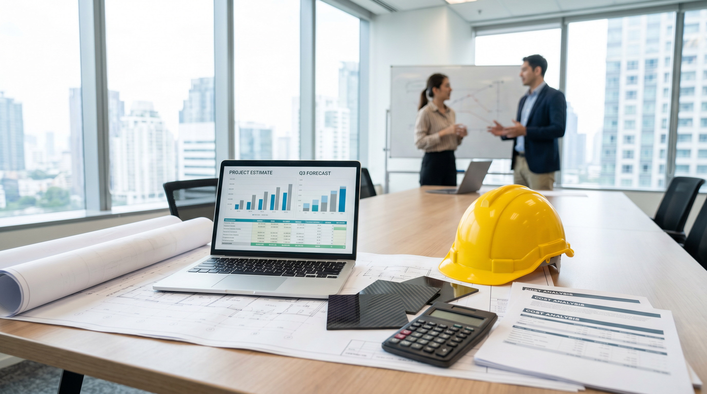 Project cost estimation desk with engineering blueprints, calculator, and carbon fiber material samples