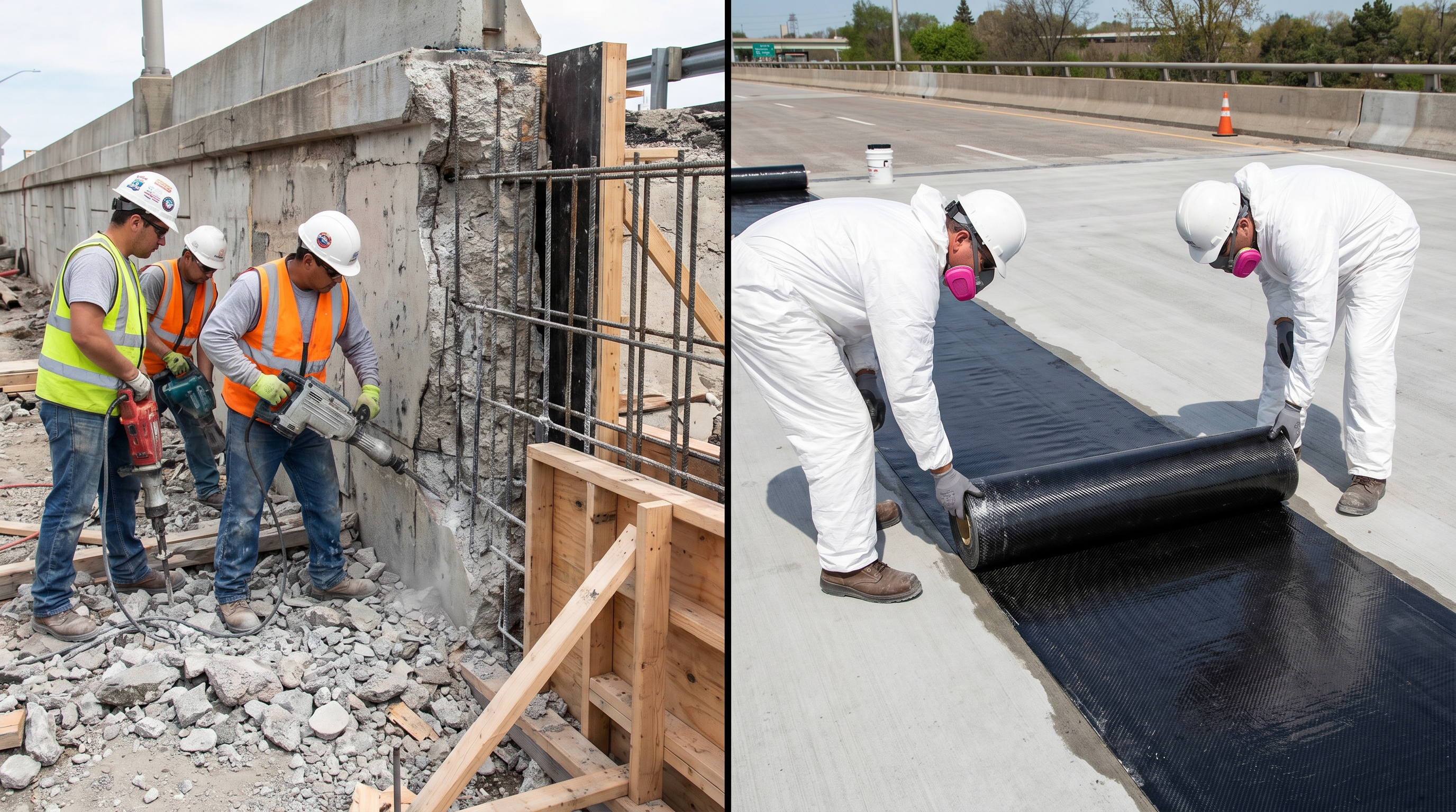 Side-by-side comparison of traditional steel plate repair versus modern CFRP carbon fiber wrapping