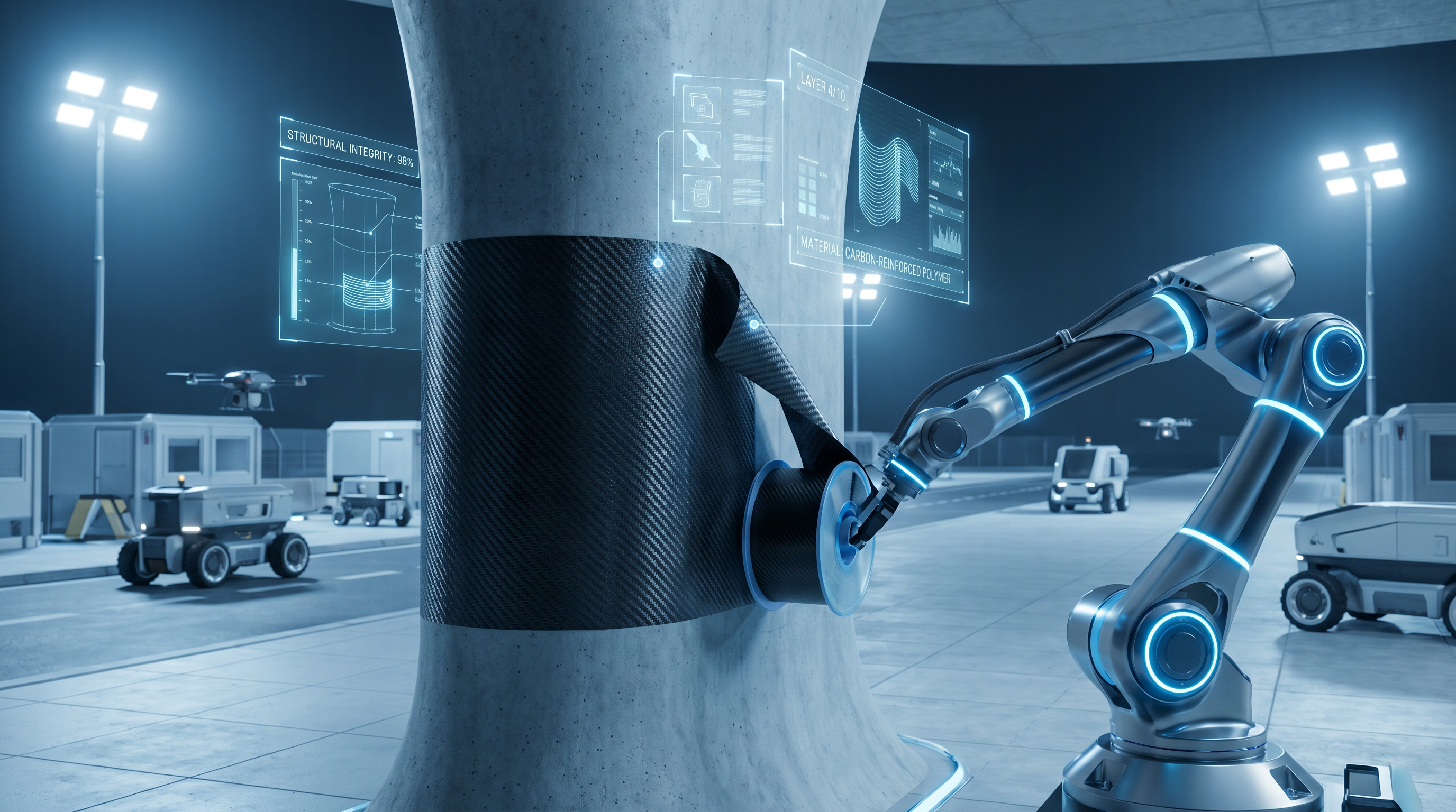 Carbon fiber fabric being applied to a concrete structural element