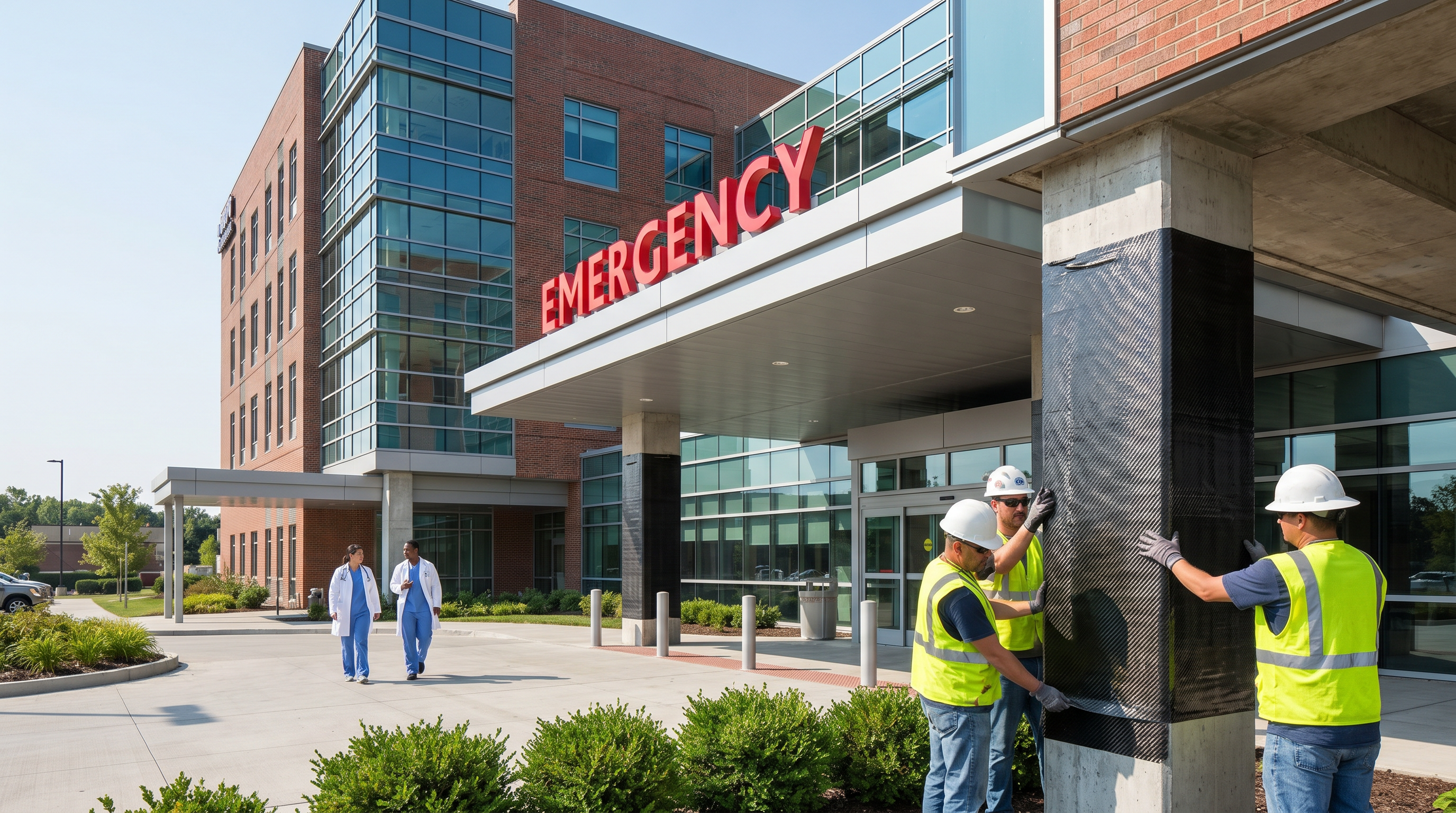 Commercial building exterior with construction activity