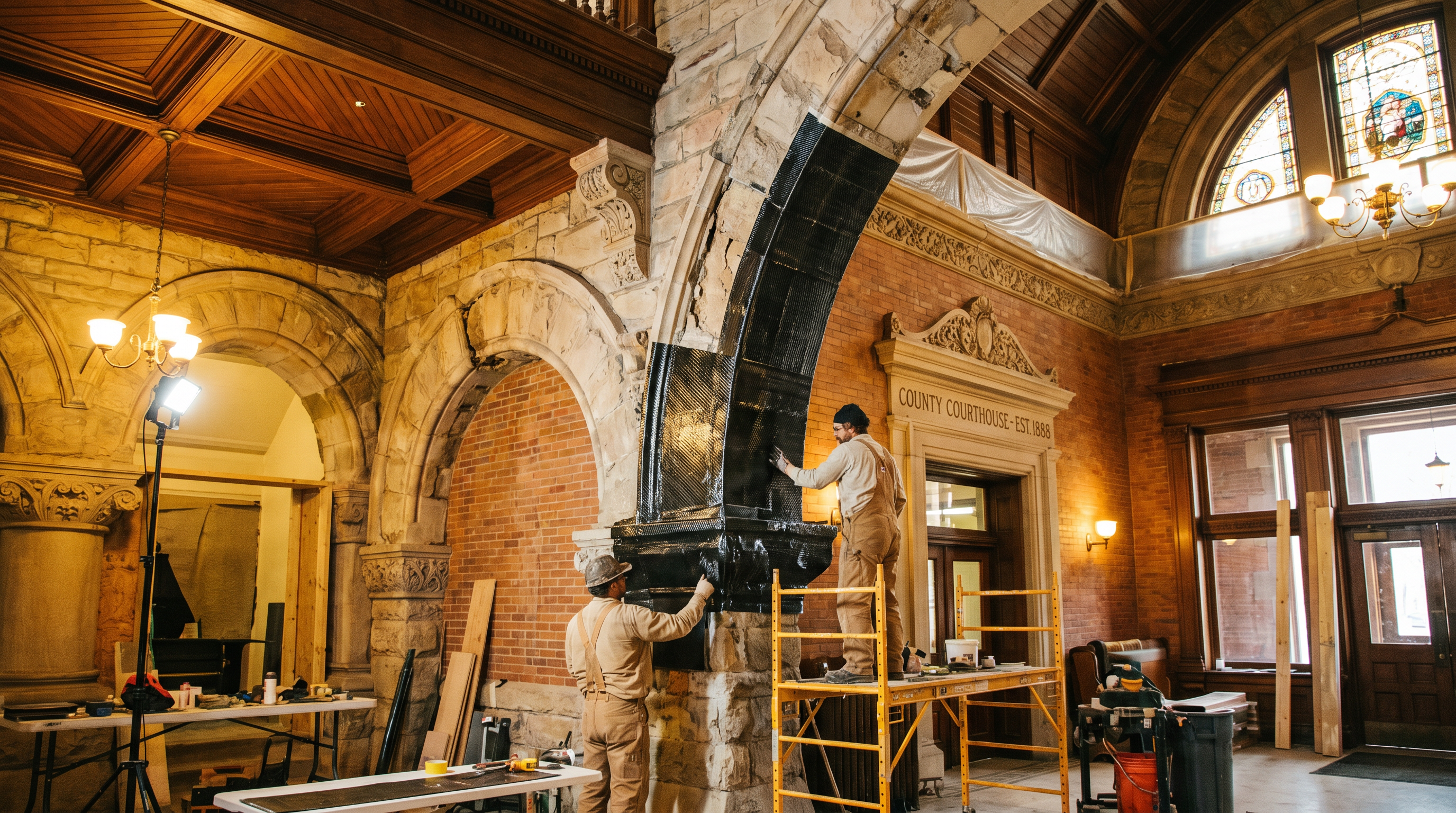 Historic building facade with structural reinforcement