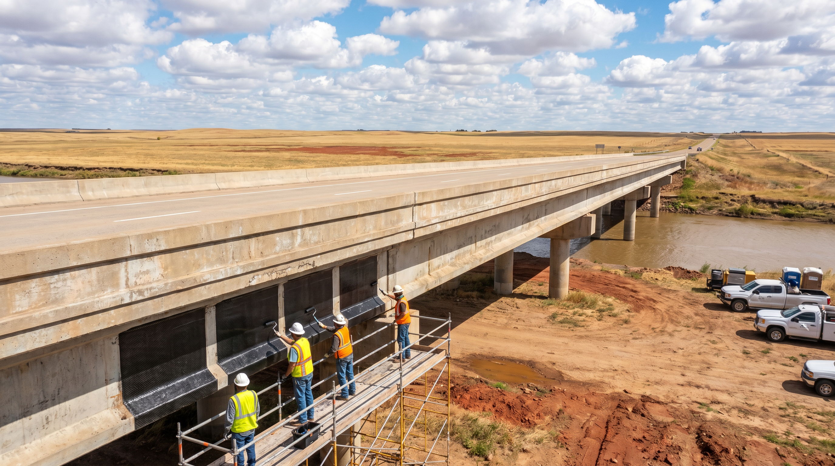 Bridge underside reinforced with CFRP strips on concrete beams