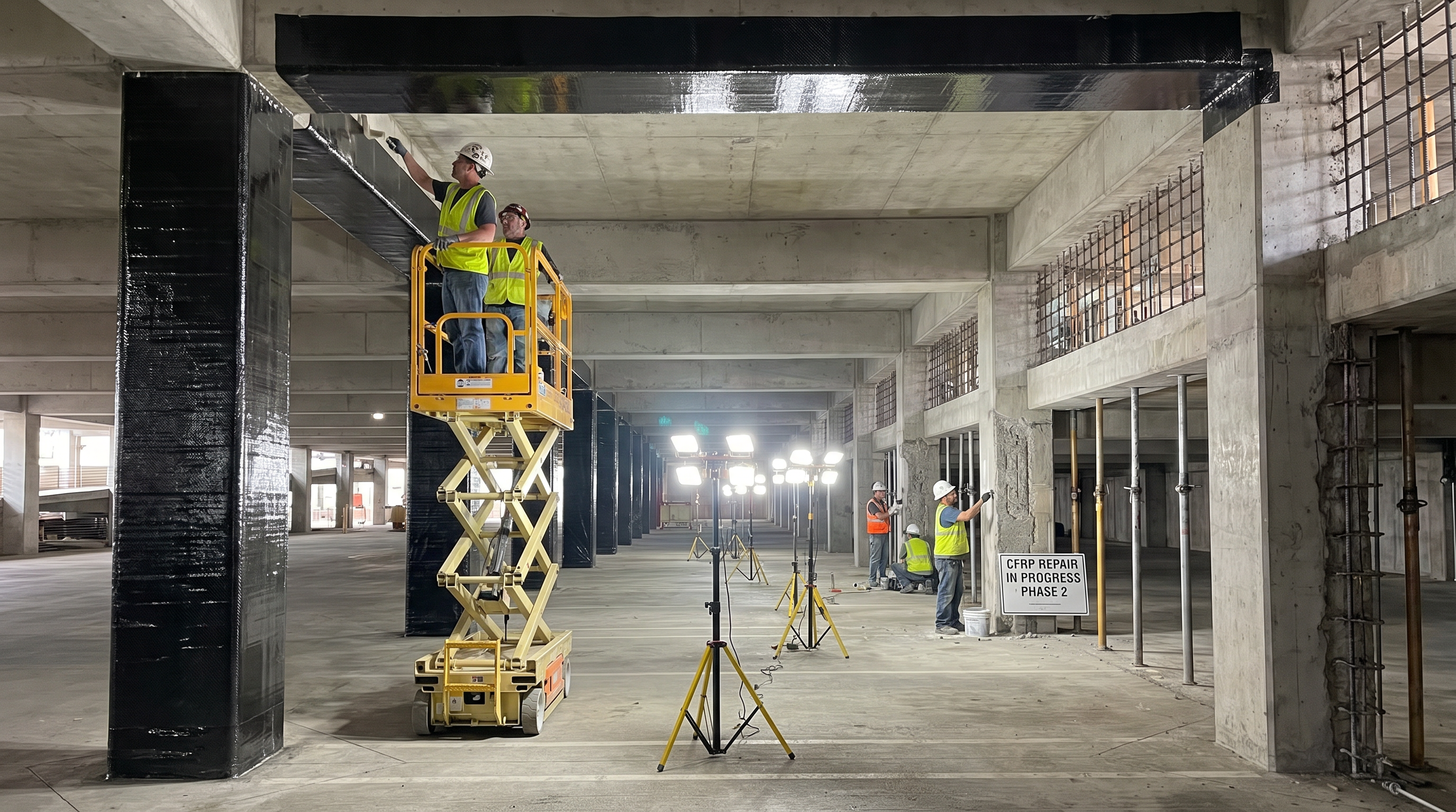 Parking garage columns wrapped with carbon fiber reinforcement