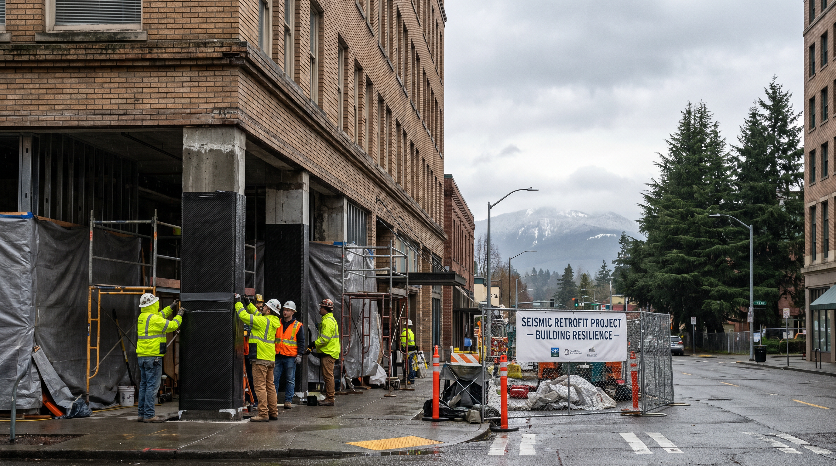 Building with seismic retrofit carbon fiber column wrapping