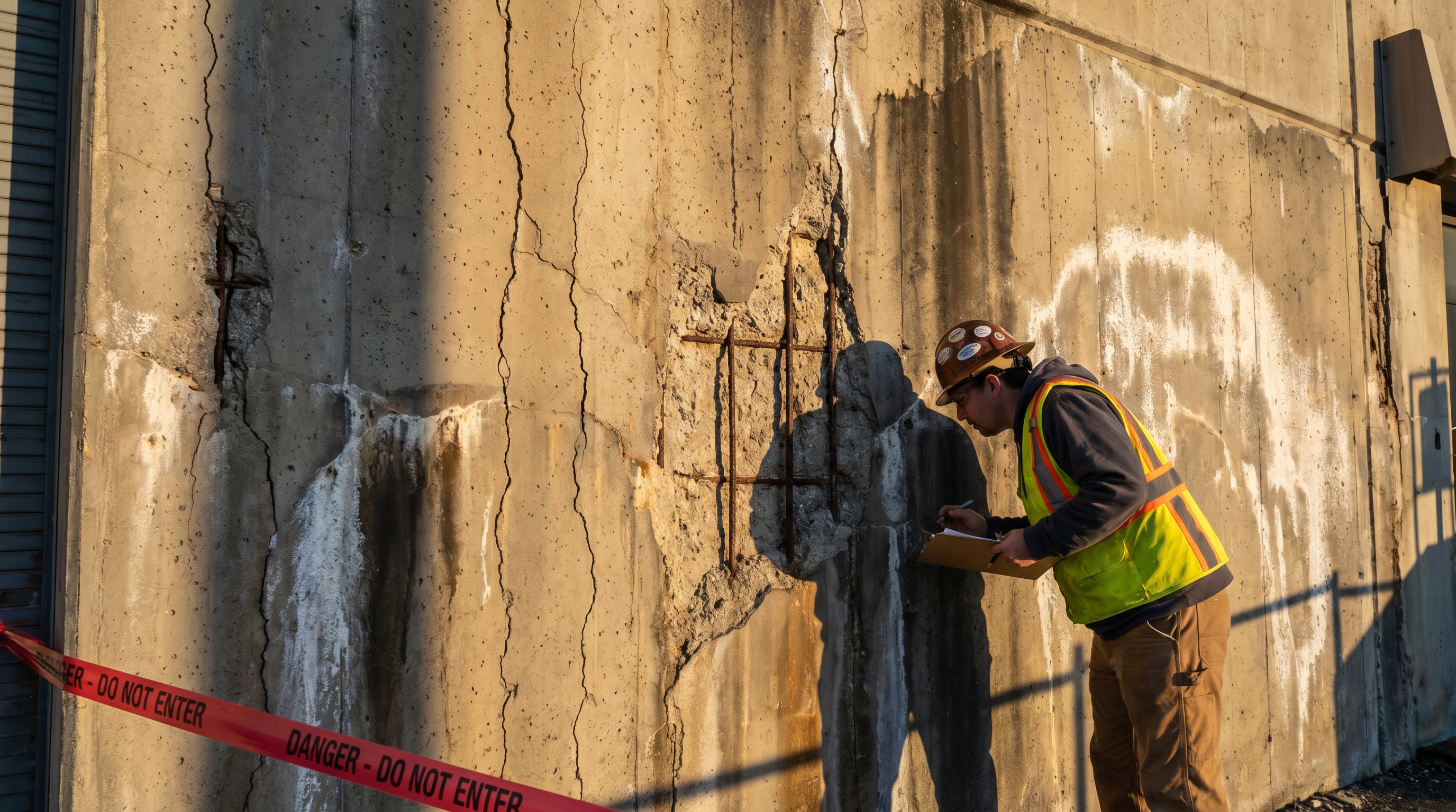 Concrete building showing structural damage including cracks, spalling, and exposed rebar